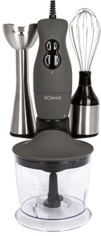 Bomann elektrischer Stabmixer/Schneebesen/Multizerkleinerer 3in1 Set SMS 6055 CB; zum mixen, zerkleinern, schlagen; für Gemüse, Sahne, Nüsse; 400 Watt; inklusive Zubehör; Edelstahl/Titan