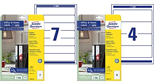 AVERY Zweckform L4760-10 Ordnerrücken Etiketten, 10 Blatt, weiß & L6061-10 Ordnerrücken Etiketten (40 Rückenschilder mit ultragrip, 59x192mm auf A4, breit/kurz, selbstklebend) 10 Blatt, weiß