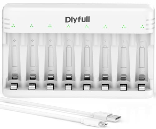 Dlyfull Ladegerät Batterien AAA AA, 8 Fach Akku Ladegerät für NI-MH/NI-CD Mignon AA und Micro AAA mit LED Anzeige, 5V/2A USB-C Schnell Batterieladegerät für Wiederaufladbaren Batterien (Weiß)