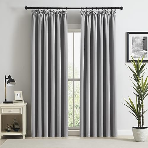 Beauoop Pencil Pleat Blackout Curtains for Living Room 90 inch Drop Grey Curtains for Bedroom Rod Pocket Light Blocking Thermal Insulated Drapes Window Treatment 2 Panels, W90 x L90
