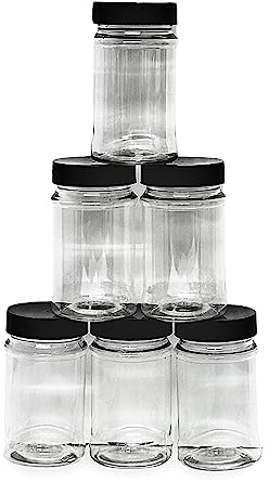 Palmsafe Set of 6 Small 100ml Round Clear Plastic Jam Jars with Black Airtight Lids – Reusable Mini Storage Containers for Kitchen, Dry Foods, Sweets, Spices & More
