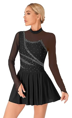 dPois Robe Patinage Artistique Femme Strass Brillant Manches Longues Justaucorps Gymnastique Costume Danse Compétition Robe Danse Latine Ballet S-XXL Noir M