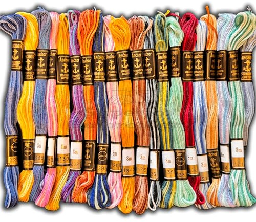 20 Variegated Multi Shades Anchor Cotton Cross Stitch Embroidery Threads Skeins Colour/Floss 100% Cotton Thread UK