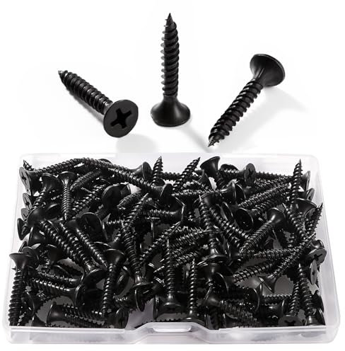 VooGenzek 110 Piezas M3.5 * 25 mm Tornillos Autorroscantes de Rosca Gruesa, Tornillos de Cabeza Plana Cruzada, Tornillos Twinthread Bugle Headed Drywall, para Paneles de Yeso, Muebles, Negro
