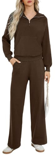 Totatuit Conjunto Punto Mujer 2 Piezas Conjunto de Salón de Manga Larga Color Sólido Conjunto Mujer Vestir Dos Piezas Top y Pantalon Deportivo Suelto Conjuntos MarróN S
