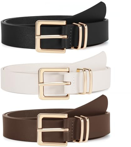 VONMELLI 3 PACK Women Leather Belts for Jeans Pants Dresses Fashion Ladies Waist Belt with Gold Square Buckle M