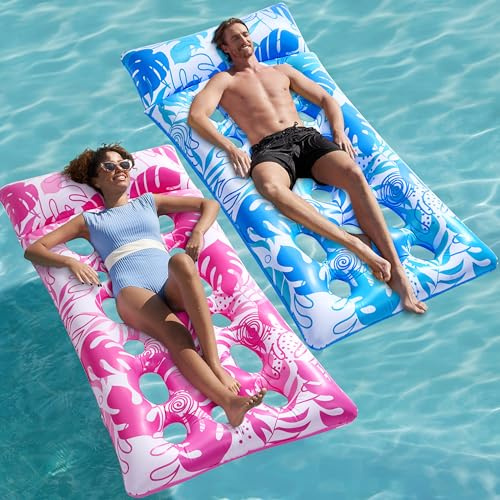Sloosh Gonfiabili per Piscina, 2 pezzi Galleggianti XL, Letto Abbronzante con Poggiatesta per Adulti, Materassino Galleggiante per Lago, Spiaggia, Piscina e Divertimento Acquatico (Blu, Rosa)