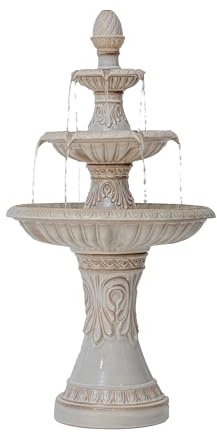 XBrand 47 H 3-Tier Freestanding Outdoor Ceramic Water Fountain with Leaf Details for Patio, Yard and Garden Decor, Beige with Pump for Outdoor Spaces