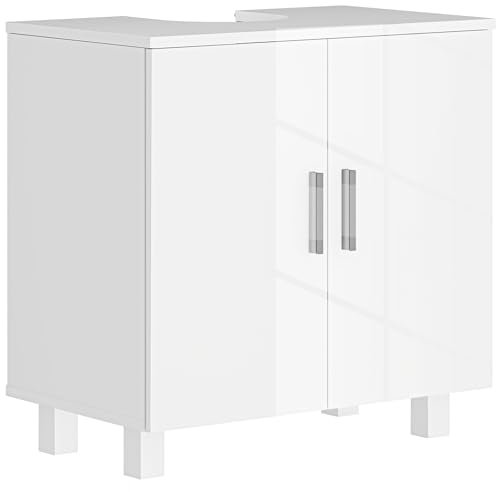 HOMCOM Mobile Sottolavabo per Bagno a 2 Ante con Ripiano Centrale, Mobile Bagno Sottolavabo con Maniglia e Piedini Antiscivolo in MDF, per Lavabi con o senza Colonna, 60x35x60 cm, Bianco Lucida