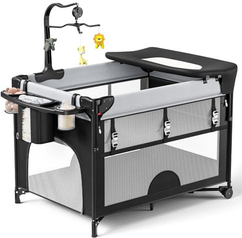 Aoykkii 5 in 1 Babybett bis 13 kg, Reisebett Kombi Set Baby Bett mit Matratze,Höhenverstellug 4 Räder mit Bremse,Babybett Klappbar als Wickeltisch & Laufgitter, Kinderreisebett Baby ab Geburt