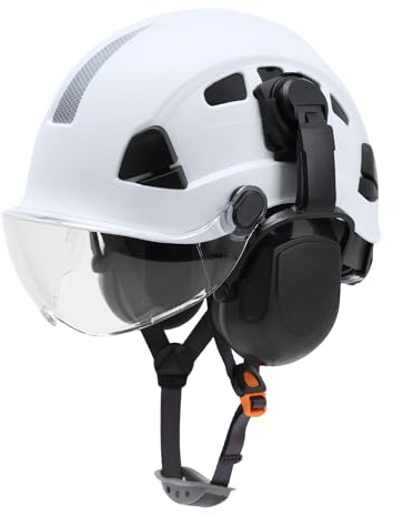 LOHASPRO Safety Helmet Hard Hat with Visor and Ear Muffs Work Helmet 6 Point Suspension ANSI Z89.1 Approved for Tree Chainsaw (White with Clear Visor+Earmuffs)