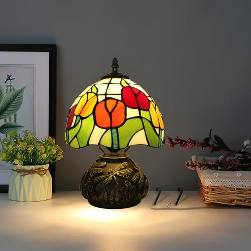 XINYASEE Lámpara De Mesa De Estilo Tiffany, lámpara de noche retro vintage,pantalla de vidrio de color, lámpara de mesita de noche barroca,para sala de estar, dormitorio, oficina.estudio (A)