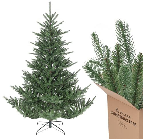 SALCAR Sapin de Noël Artificiel 210 cm avec éléments en Injection réalistes, Montage Rapide grâce au système Parapluie Pliant, Sapin Artificiel