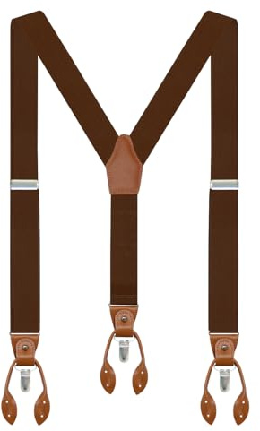 Suspenders for Men Men's Suspenders Dark Brown Leather Button End & Clip 1.4 Wide Adjustable Elastic Y-Back Braces for dress pants jeans