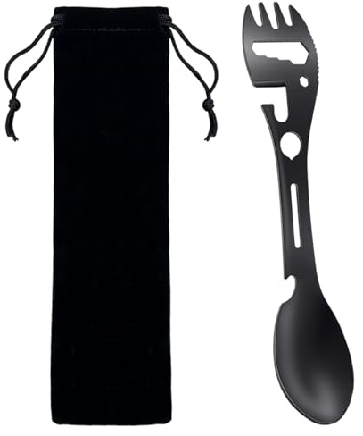 Travel Cutlery - Premium Stainless Steel Spork Outdoor Spoon Fork Bottle Can Opener 10 Functions 1 Design Reusable- Portable for Travel Eating Tool Easy to Store Cloth Case (Black)