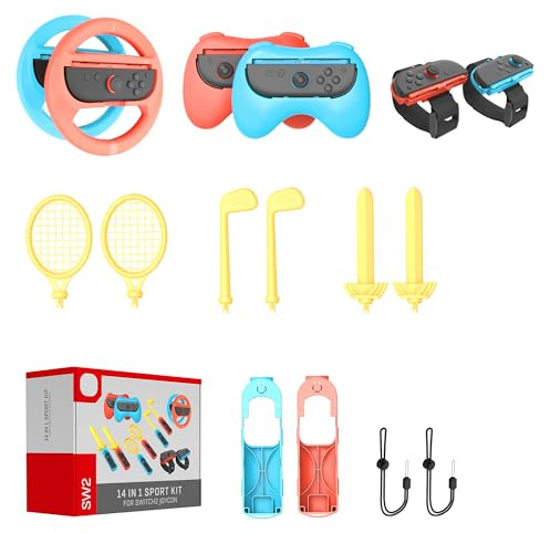 Sports Accessories Bundle for Switch 2(2025) 14 in 1 Sport Games Accessories Kit Family Pack with Tennis Rackets Golf Clubs Chambara Swords Wrist Band Controller Grips Steering Wheels for Joycon
