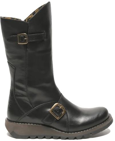 Fly Womens Black MES 2 Wedge Heel Buckle Mid-Calf Leather Zip Platform Boots
