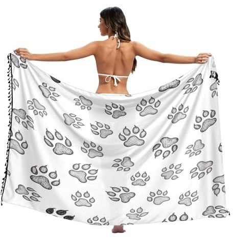 Paréo blanc noir gris empreintes de pattes pour femmes pour maillots de bain franges paréo de plage pour femmes, L, Noir Gris empreintes de pattes Blanc, Taille M