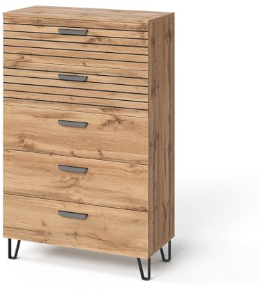 Vicco Commode avec tiroirs Amber, Chêne Wotan, 80x127.6cm avec 5 tiroirs, avec Compartiment de Rangement pour Espace de Stockage supplémentaire