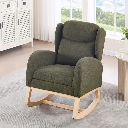 Arhatreya Sedia a dondolo, sedia da allattamento, poltrona lounge con struttura in legno, poggiapiedi regolabile, schienale alto, comoda sedia accento con tasca per appartamento, soggiorno, tessuto