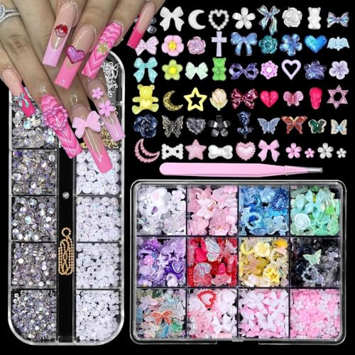2 lådor 3D nagelcharm set färgad blomma rosett måne hjärta stjärna nageldesign berlocker halvrunda pärlor och platta stenar AB ihålig fjäril legering nageldesign