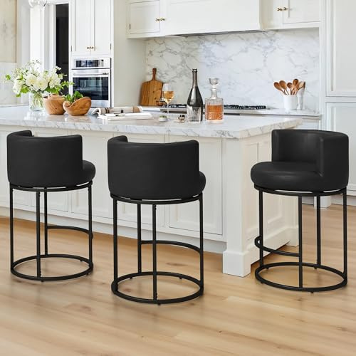 LUE BONA 26.8 Counter Height Bar Stools Set of 3, 180° Swivel Bar Stools, Modern Barrel Counter Stools with Back and Metal Frame, Faux Leather Upholstered Barstools for Kitchen Island, Black
