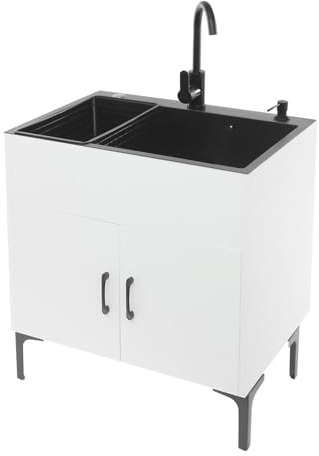 LENDISIY Lavello da cucina autoportante con base e rubinetto, lavello in acciaio inox con mobiletto, lavello in acciaio inox con 1 vasca, lavello per ristorante, cucina domestica (bianco+nero)