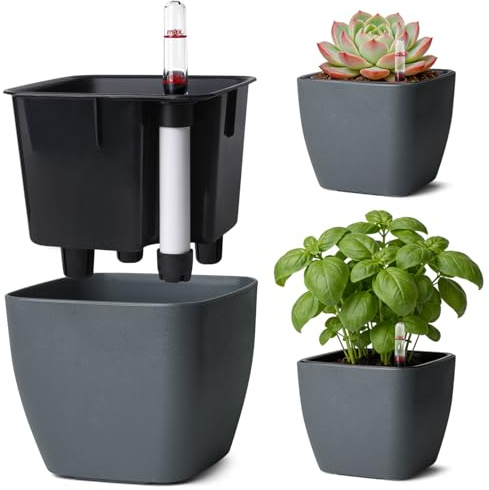 T4U 3Pcs 12,5cm Eckig Selbstbewässerungstopf mit Wasserstandsanzeige, Blumentopf für vielbeschäftigte Anfänger und Gärtner, geeignet für Basilikum/Petersilie, für den Innen und Außenbereich (Grau)