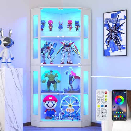 VOWNER Eck-Vitrine 165cm mit LED-Beleuchtung & Intelligente Sensorik, 4-stufige Schauvitrine, Glasvitrine für Wohnzimmer & Büro Sammlerstücke, Spirituosen (Weiß, 4 Regalböden)