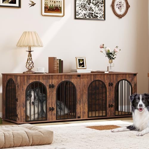 Hzuaneri Jaula para Perros Doble de Madera, Mueble Jaula con Divisor y Cojines para 2 Perros Medianos y Grandes, Mesa para Perros Estilo Mueble TV 180cm, Jaula Decorativa, Marrón Rústico DFC91901B
