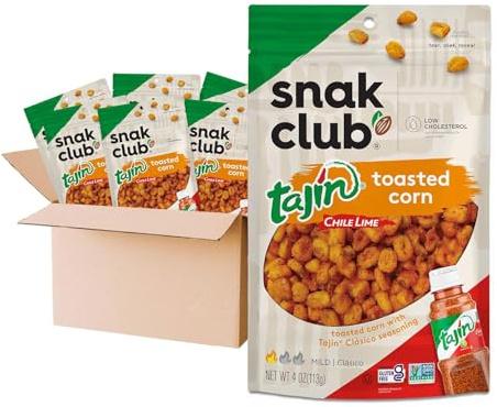 Snak Club Tajin Maíz tostado, pepitas de maíz tostadas con chile y especias de lima, suave, sin OMG, sin gluten, aperitivo kosher, sin colores ni sabores artificiales, resellable