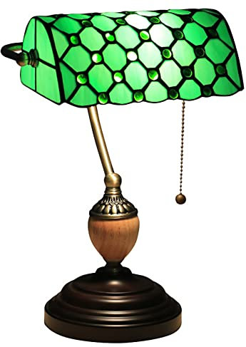 AIBOTY Lampe de banquier Vintage Style Tiffany Bleu Vert vitrail Lampe de Table de Chevet Chambre Lampe de Bureau avec Interrupteur à Tirette, Lampe Cadeau pour Noël, Anniversaire,Vert,Large