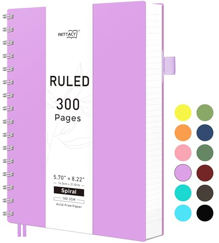 RETTACY A5 Notebook,Wirebound Colorful Spiral Notebooks 300Pages /150 Sheets for Writing,100gsm College-Ruled Paper, Flexible Plastic Cover, for Women Men Work Office School,14.5 x 21cm - Purple
