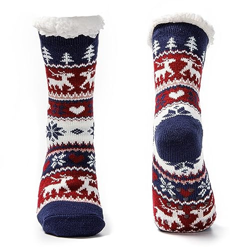 JOMIX Calze Antiscivolo Donna Felpate Lunghe Imbottite Calzettoni Natalizi Invernali Calzettoni Termici Pile Calde Calze Termiche Donna da Casa X011 (Blu Navy, 36_42)