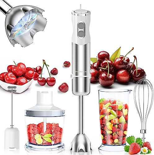 5 in 1 Frullatore a Immersione con Design Antispruzzo e Modalità Turbo, Minipimer Immersione con Bicchiere per Miscelare da 600ML, Tritatutto da 500ML, Frusta e Montalatte (Bianco)