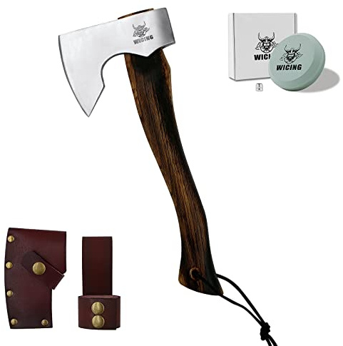 WICING 13.5 Inch Hatchet, Camping Axe 1055 Carbon Steel and Beech Handle, Survival Hatchet with Leather Sheath for Wood Splitting and Kindling