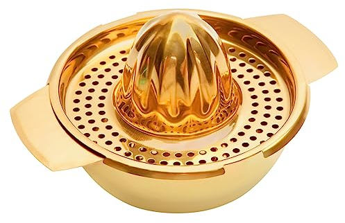 Snailhouse Exprimidor de limón, acero inoxidable, metal, cítricos, naranja, lima, zumo, frutas, exprimidor manual con colador y cuenco, dorado