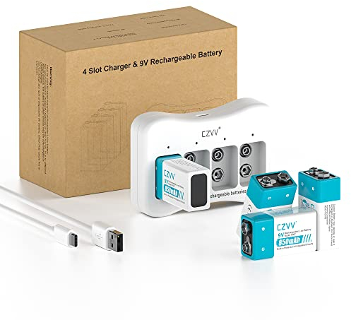 czvv Pilas Recargable 9V Lithium - Capacidad Alta Ultra 850mAh - 1300 Ciclos - 4 Pack Baterias Litio 8,7V con Cargador Rápido 2H, Larga Duración 10 Años, Salida Constante para Detector de Humo, Radio