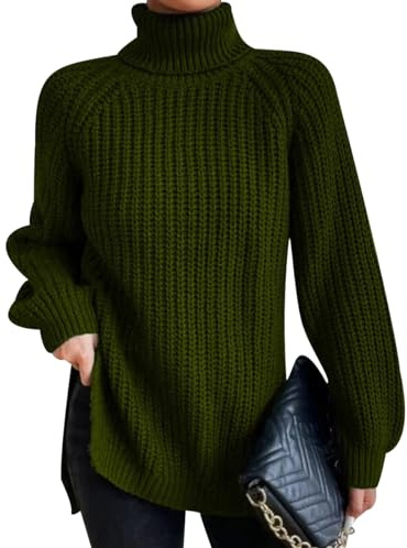 Jersey Cuello Alto Mujer Pullover Señora Suéter Manga Larga Invierno Sweater de Punto Oversize Ancho Tallas Grandes Verde 3XL