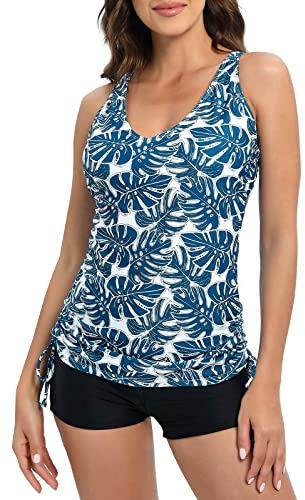 Halcurt Set de Tankini para mujer de dos piezas con sujetador de escote en V – Traje de baño para mujer con top y bañador de talla S a XXL, Hojas., M