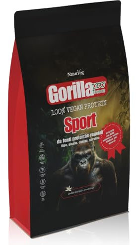 Naturveg® GORILLA PRO SOURCE Sport – Proteine in polvere Vegane da 1kg con BCAA, Glutammina, vitamine B, proteine vegetali di riso canapa, pisello e spirulina (1Kg, Mirtillo e Lampone)