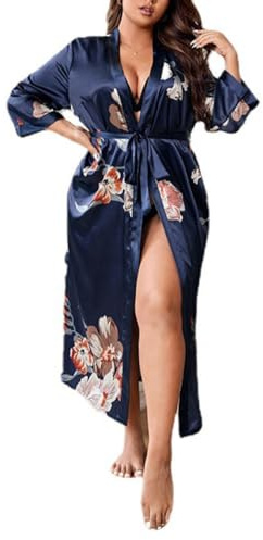 SMTSEC Kimono A Vestaglia Floreale da Donna,Camicia da Notte in Raso Taglie Forti Vestaglia Lunga Sexy Accappatoio Setoso Leggero con Scollo A V Abbigliamento da Casa Femminile,Blu Navy,4XL