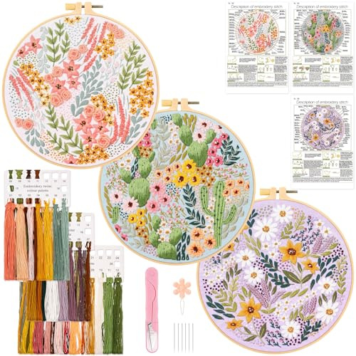 JSRQT Kit de Démarrage de Broderie Point de Croix Motif de Plantes à Fleurs, Accessoires Couture D'Art Fait à La Main Starter Embroidery for Beginners