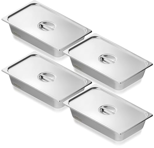 VEVOR Bac Gastronorme GN 1/1 Lot de 4, Récipient Inox pour Bain-marie 0,8 mm d'Épaisseur, Bac Inox Alimentaire avec Couvercle 10,7 cm de Profondeur, pour Chauffe-plats, Stockage, Restauration