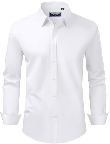Alimens & Gentle Mens Dress Shirts Regular Fit Stretch Stain Shield Long Sleeve Solid Business Wedding White Button Down Shirts,White,Large