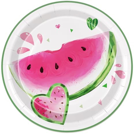 JarThenaAMCS 50Pcs Watermelon Paper Plates Summer Fruit Disposable Plates 9 Inch Heart Melon Dinner Dessert Plates for Birthday Baby Shower Pool Party