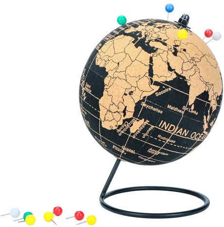 EXERZ Korkglobus 14cm aus Naturkork mit 12 Stecknadeln, Globus mit englischer Beschriftung, Perfekt zum Markieren von Reisen, Abenteuern, Erinnerungen und Urlaubsplänen