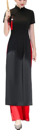 SXTYYH Robe Vietnamienne Ao Dai for Femmes Cheongsam Elégante Qipao Chinois Robe Traditionnelle été Hanfu for Le Quotidien(Noir,L)