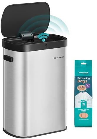 SONGMICS Mülleimer mit Sensor, automatischer Abfalleimer 50 L, Öffnen per Handbewegung oder Berühren, Softclose-Deckel, Stahl, inkl. 15 Müllbeutel, metallicsilber-tintenschwarz LTB640E01
