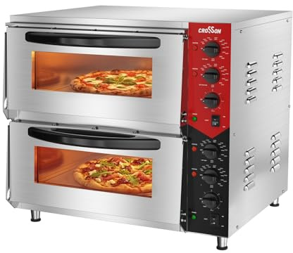 CROSSON Horno para Pizza Doble Profesional de 19 Pulgadas,Horno Pizza Electrico de Acero Inoxidable Temperatura hasta 350℃ con 50 * 50CM Piedra,Temporizador 30 min